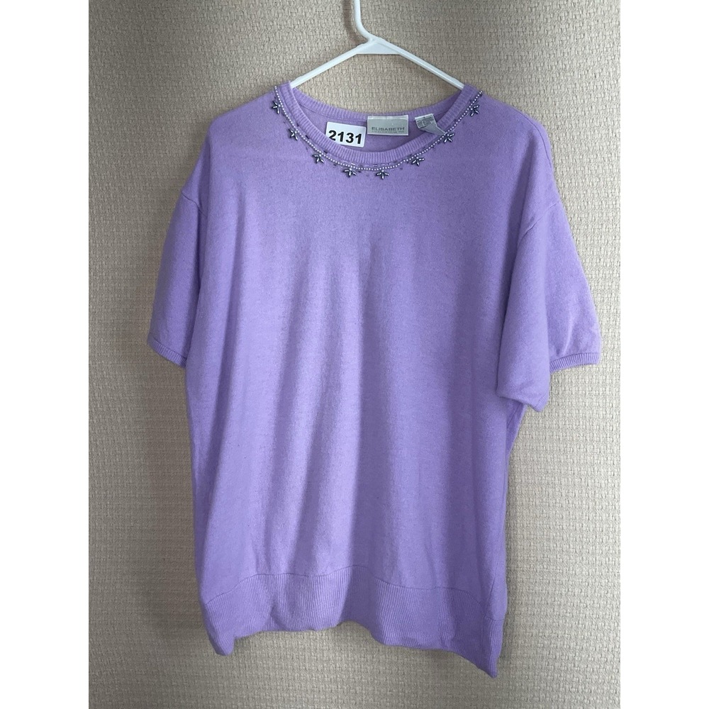 Liz Claiborne Lavender Short-Sleeve Sweater with Neck Embellishment